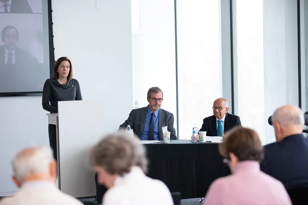 Panel discussion with researchers at an academic conference, featuring Sumit Ganguly, Timothy Waters, and Hannah Buxbaum.