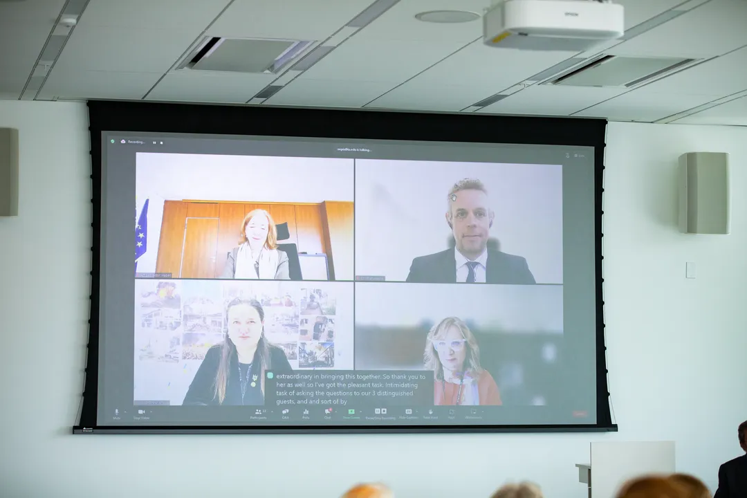 Image of event panel at IU featuring Emily Haber, Christian Haenel, Oksana Markarova, and Beth Van Schaack.