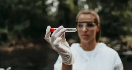 Photo of a female scientist examining her work, emphasizing excellence in research.