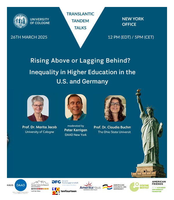 Promotional flyer for the Transatlantic Tandem Talks event on March 26, 2025, discussing inequality in higher education in the U.S. and Germany, featuring speakers Prof. Dr. Marita Jacob and Prof. Dr. Claudia Buchm, moderated by Peter Kerrigan.